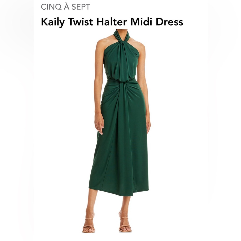 NWOT, Cinq a Sept Kaily Twister Halter Midi Dress Dark Emerald Women size 0, new
